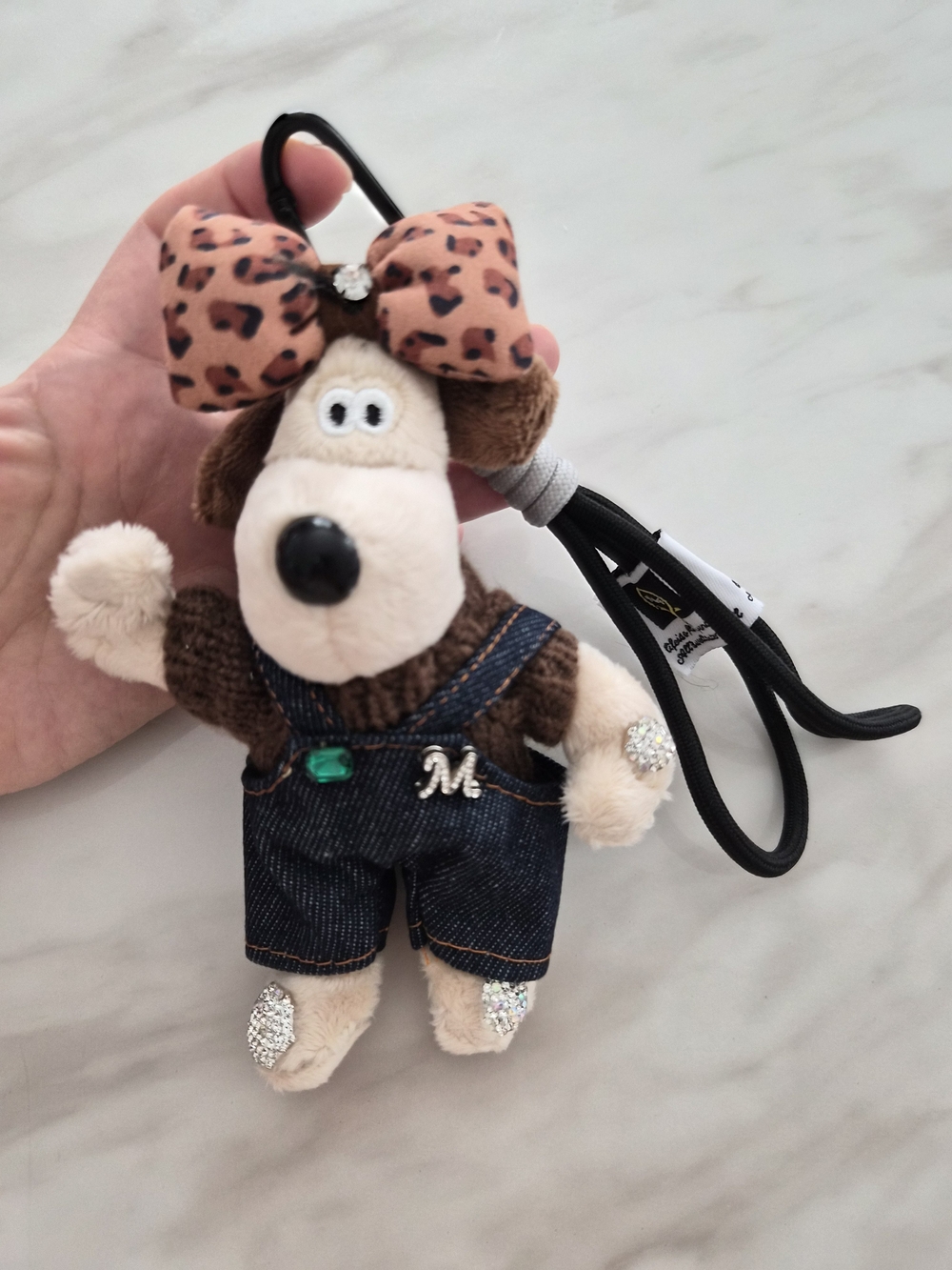 Plush Dog Keychain Bag Charm with Leopard Bow - Brown